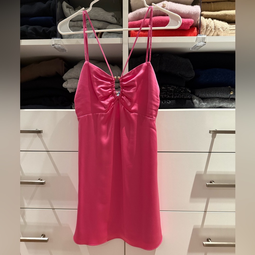 NICHOLAS Pink Silky Mini Dress with Front Ring Detail
